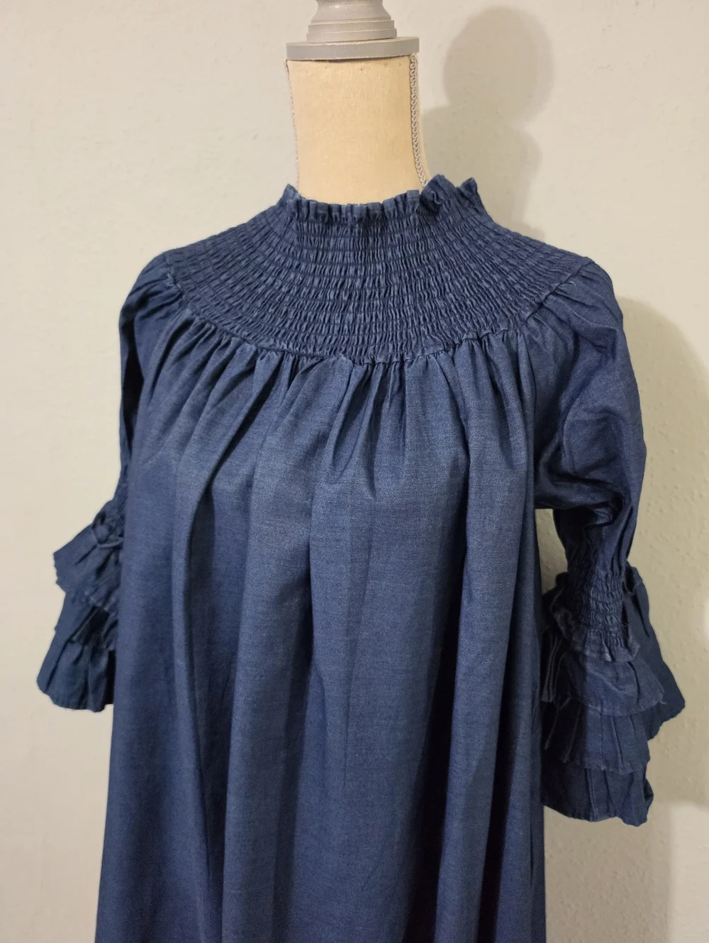 Elegant Navy Denim Off-Shoulder Dress with Ruffle Sleeves One Size